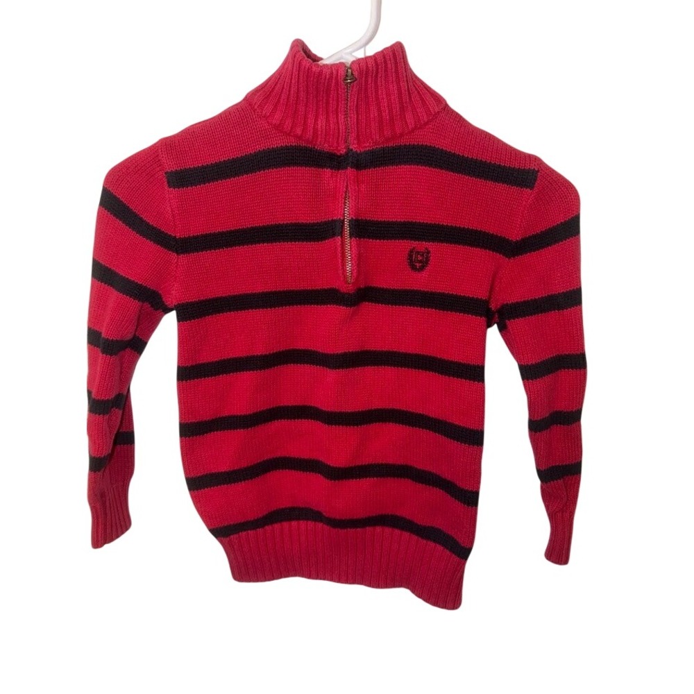 Chaps Boys Red Navy Blue Striped Quarter Zip Cotton Knit Sweater Size 7